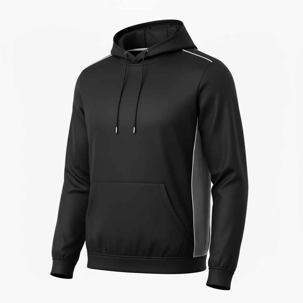 Front view of custom hockey hooded sweatshirt in 320 GSM cotton-poly fleece with a lined hood and embroidered team logo from Empire Five Athletics