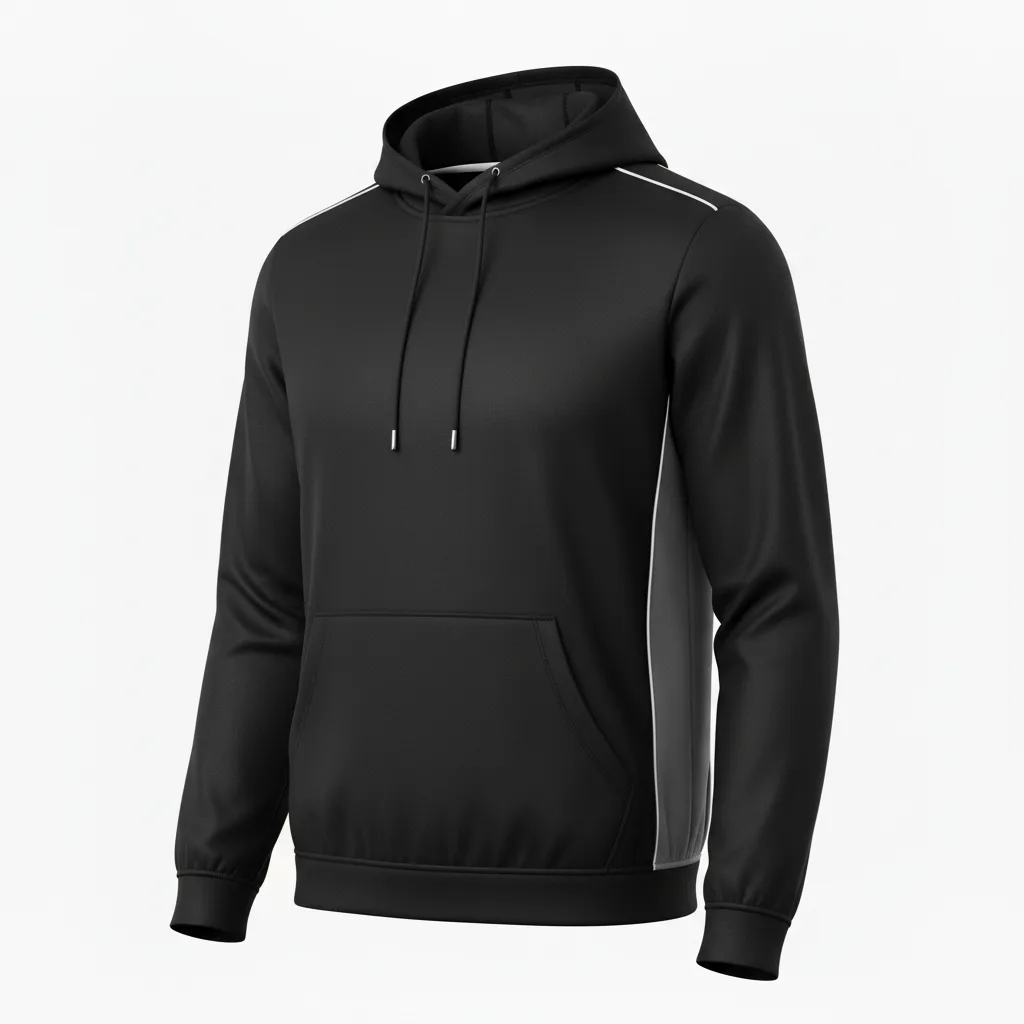 Front view of custom hockey hooded sweatshirt in 320 GSM cotton-poly fleece with a lined hood and embroidered team logo from Empire Five Athletics
