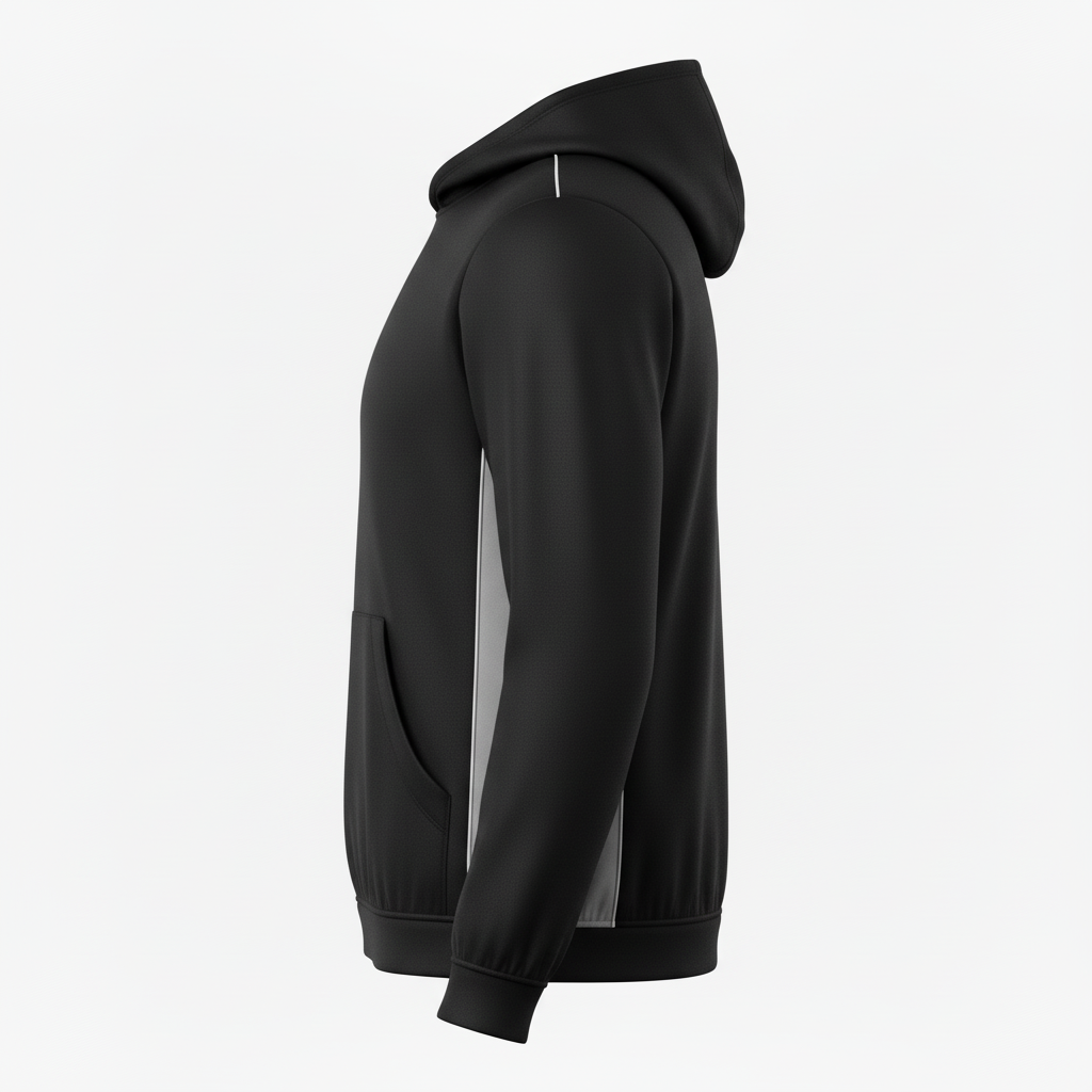 Side view of custom hockey hooded sweatshirt showing the kangaroo pocket and ribbed cuff