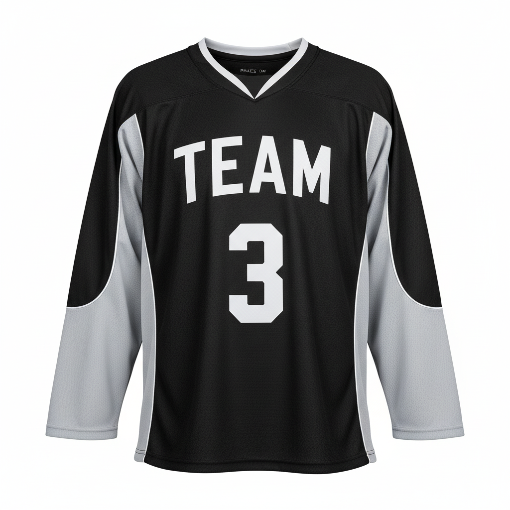 Front view of custom air-knit hockey jersey in breathable air-knit polyester with a tackle-twill crest from Empire Five Athletics