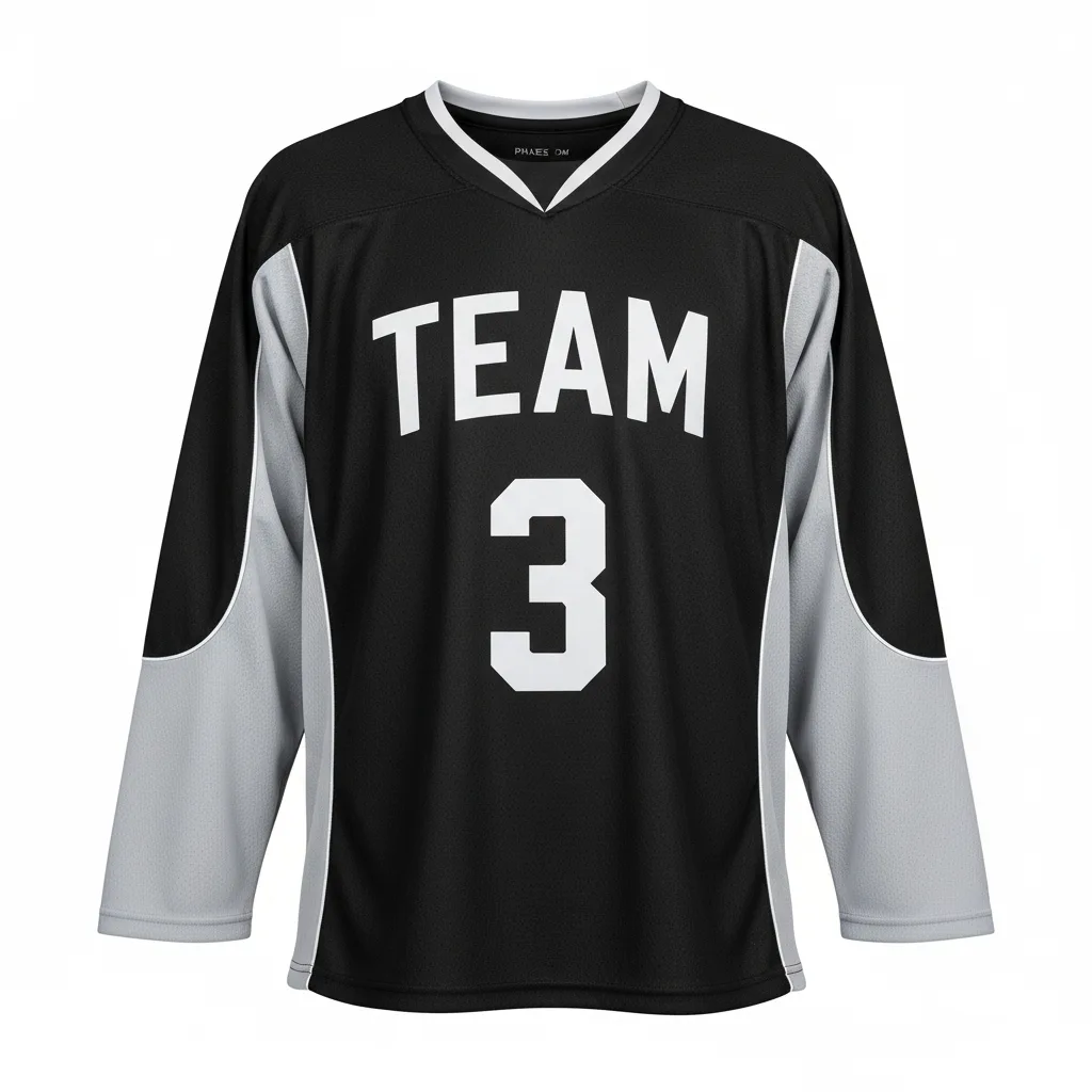 Front view of custom air-knit hockey jersey in breathable air-knit polyester with a tackle-twill crest from Empire Five Athletics