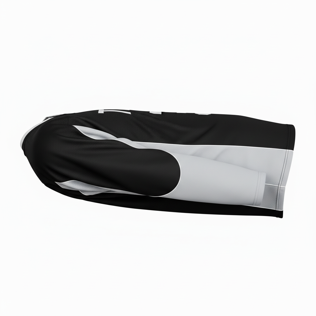 Side view of custom air-knit hockey jersey showing the open-knit structure and drop-tail hem