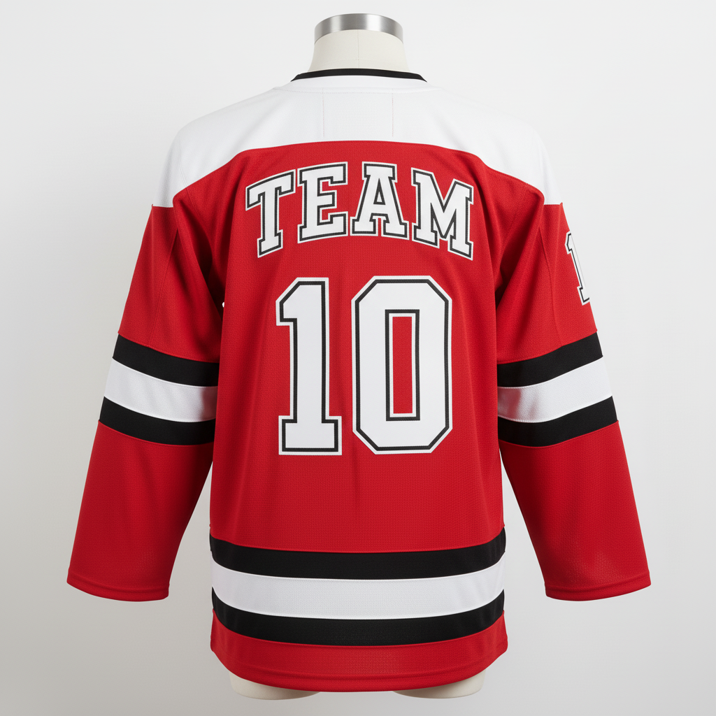 Back view of custom crew-neck hockey jersey showing the nameplate and number
