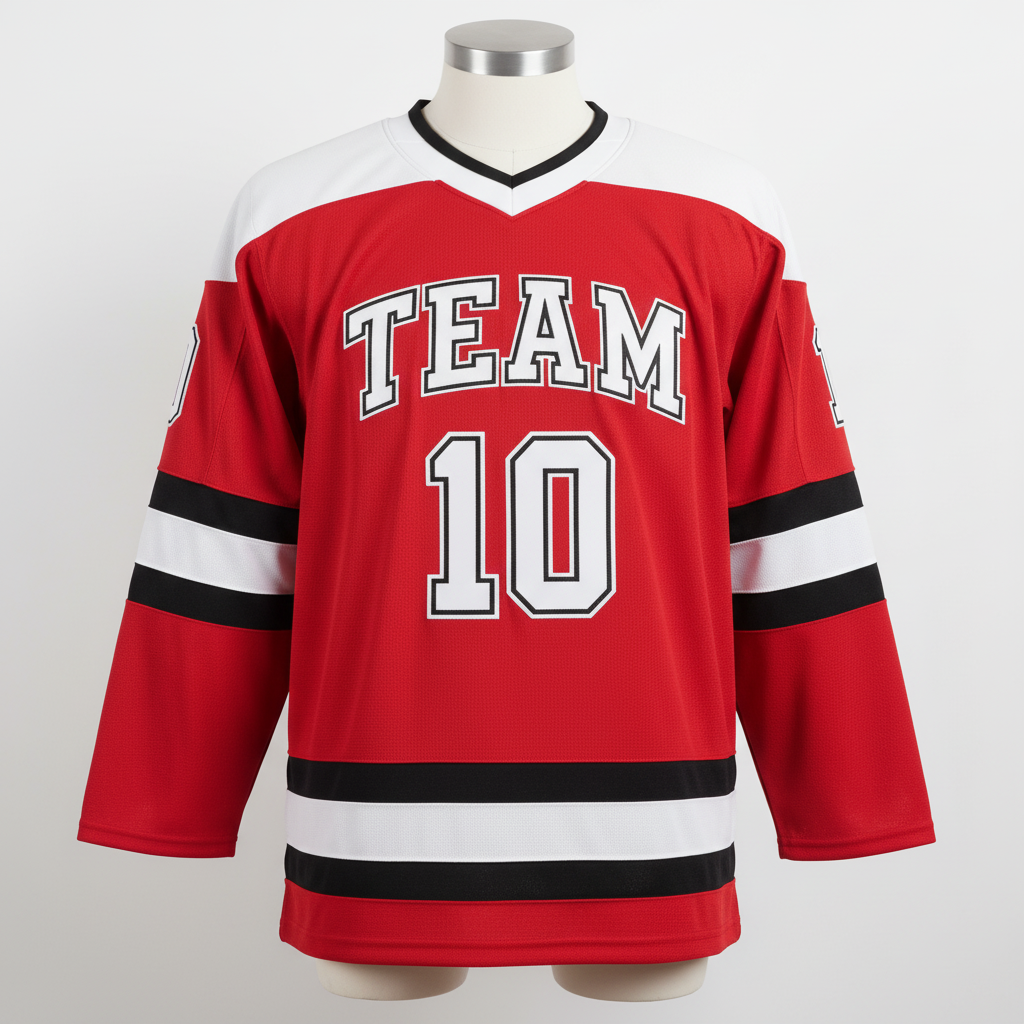 Front view of custom crew-neck hockey jersey in 200 GSM hockey knit with a modern crew collar and tackle-twill crest from Empire Five Athletics