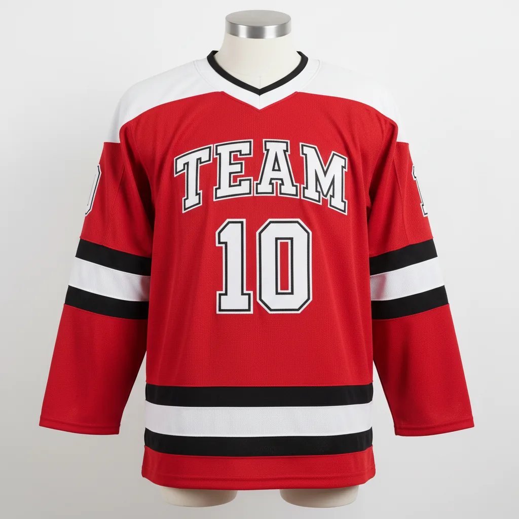 Front view of custom crew-neck hockey jersey in 200 GSM hockey knit with a modern crew collar and tackle-twill crest from Empire Five Athletics