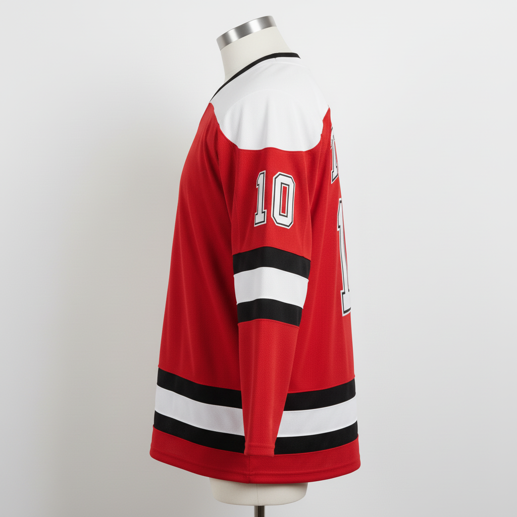 Side view of custom crew-neck hockey jersey showing the crew collar and drop-tail hem