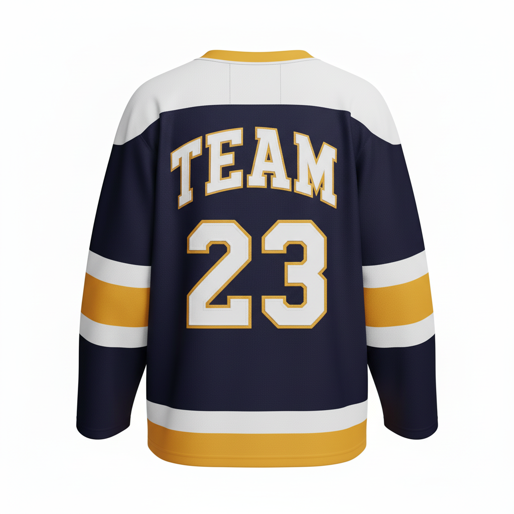 Back view of custom lace-up hockey jersey showing the nameplate and number