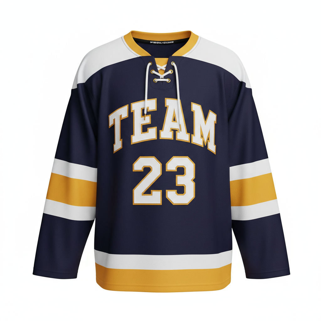 Front view of custom lace-up hockey jersey in 200 GSM hockey knit with a vintage lace-up collar and tackle-twill crest from Empire Five Athletics