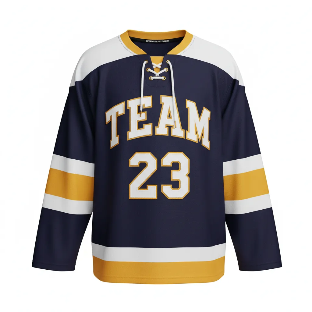 Front view of custom lace-up hockey jersey in 200 GSM hockey knit with a vintage lace-up collar and tackle-twill crest from Empire Five Athletics