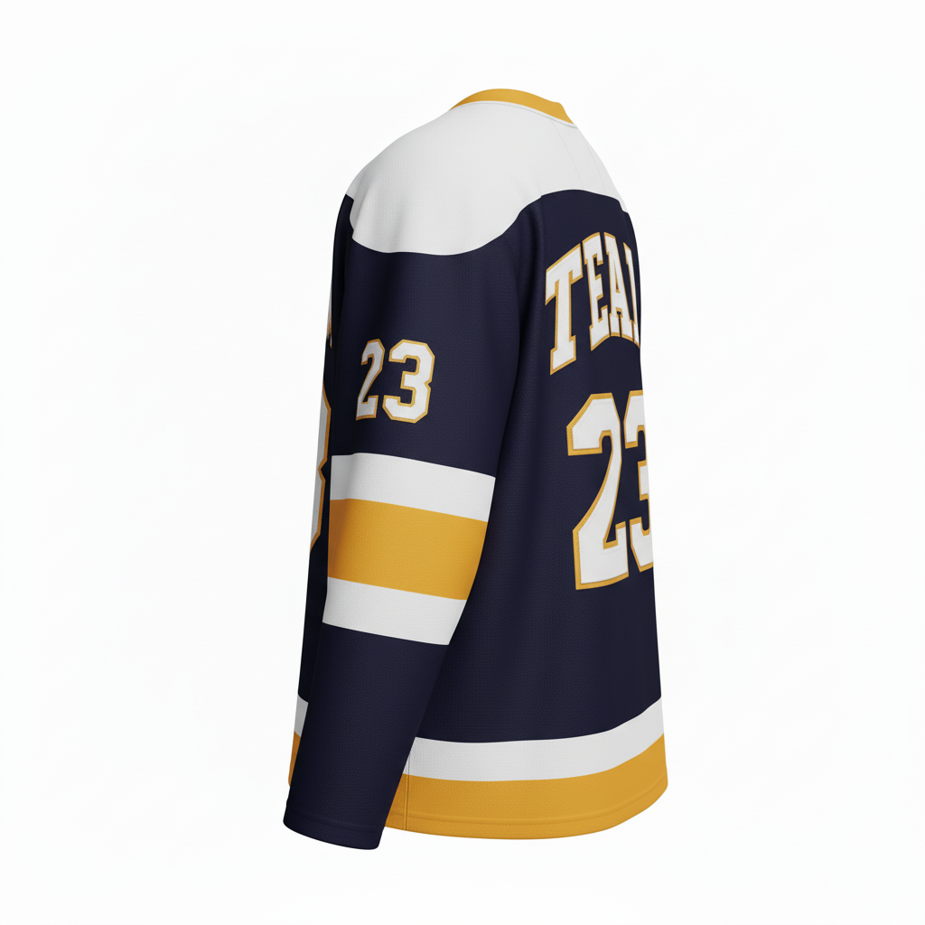 Side view of custom lace-up hockey jersey showing the lace-up collar and drop-tail hem