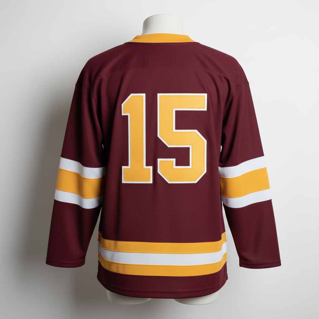 Back view of custom pro-weight hockey jersey showing the nameplate and number