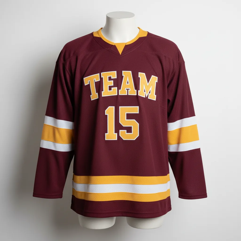 Front view of custom pro-weight hockey jersey in heavy 240 GSM knit with double-reinforced elbows and a tackle-twill crest from Empire Five Athletics