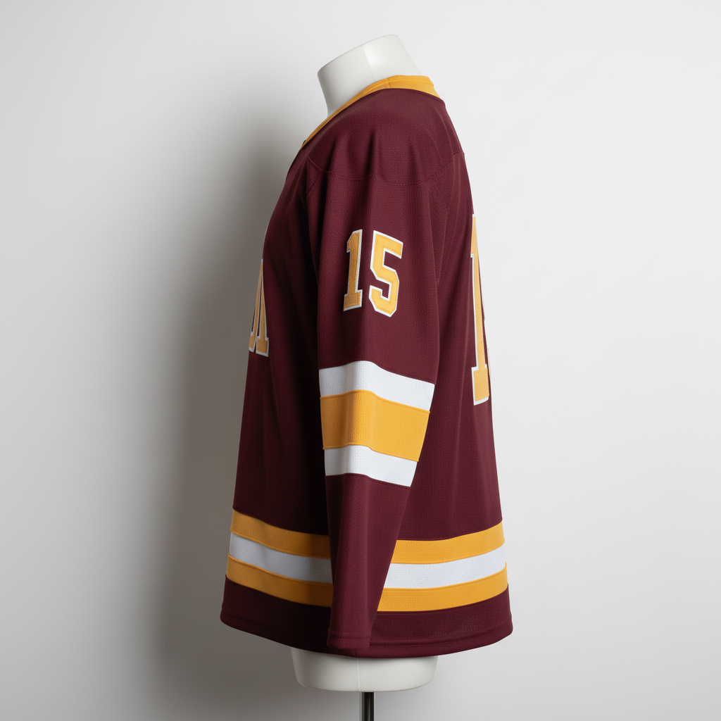 Side view of custom pro-weight hockey jersey showing the reinforced elbow and drop-tail hem