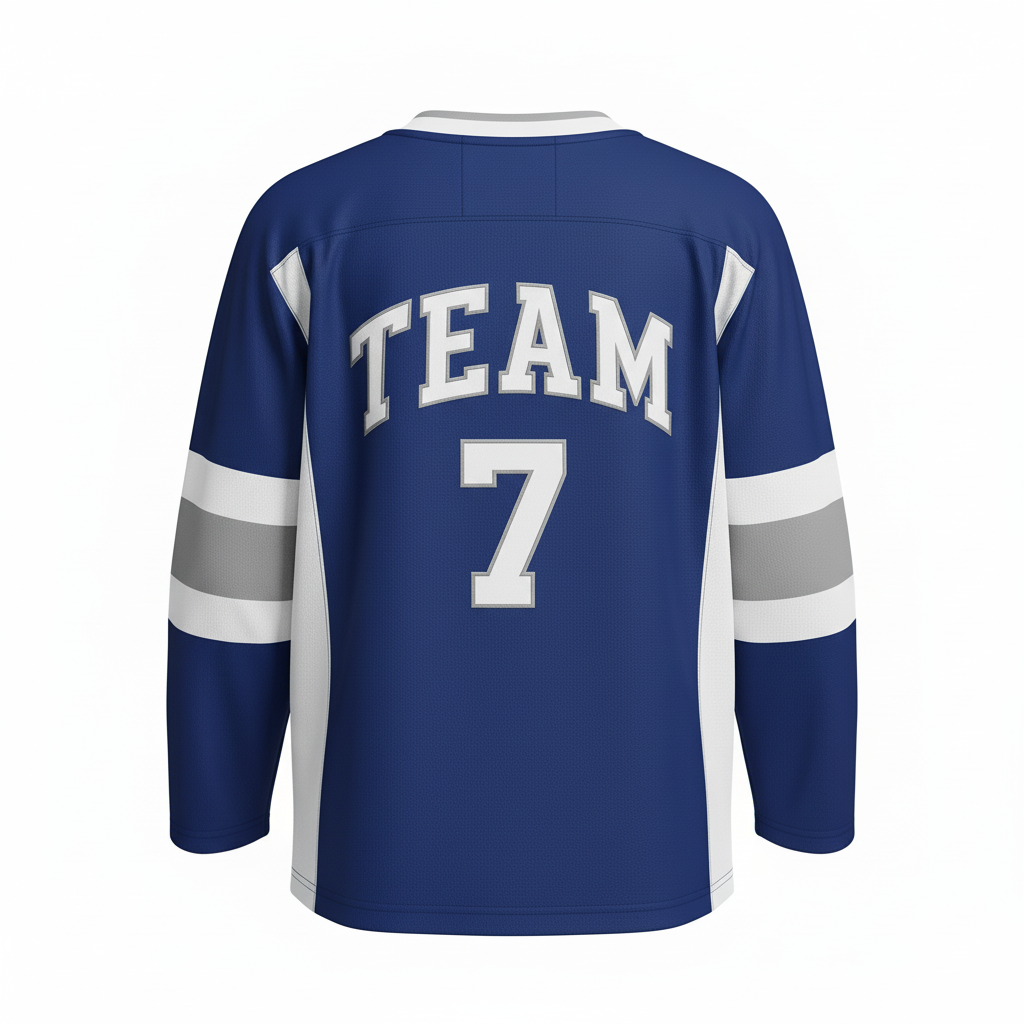 Back view of custom v-neck hockey jersey showing the nameplate and number