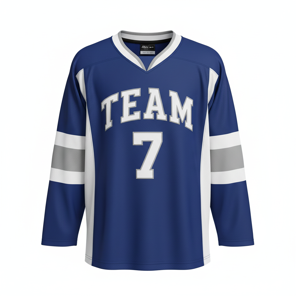 Front view of custom v-neck hockey jersey in 200 GSM hockey knit with a V-neck collar and tackle-twill crest from Empire Five Athletics