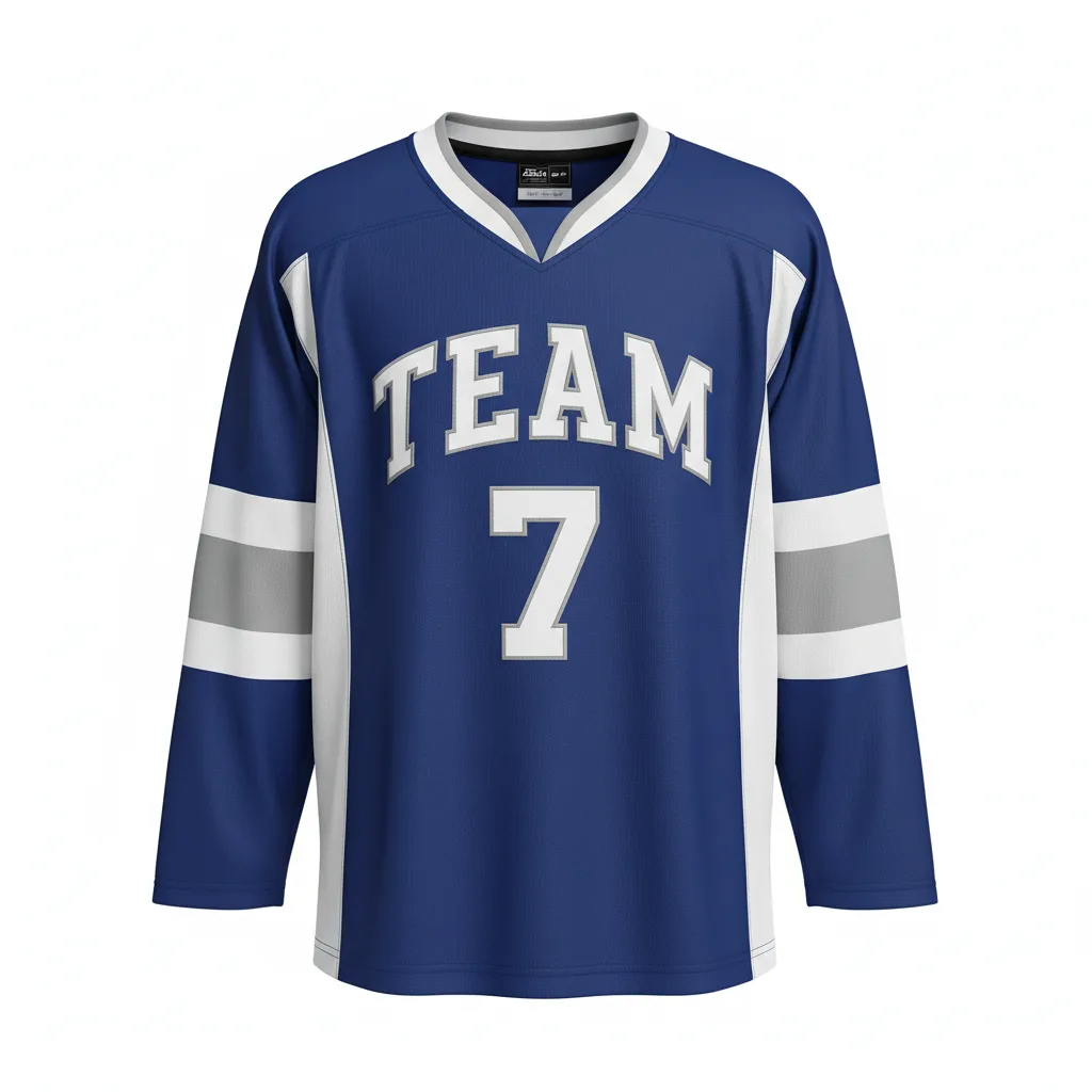 Front view of custom v-neck hockey jersey in 200 GSM hockey knit with a V-neck collar and tackle-twill crest from Empire Five Athletics