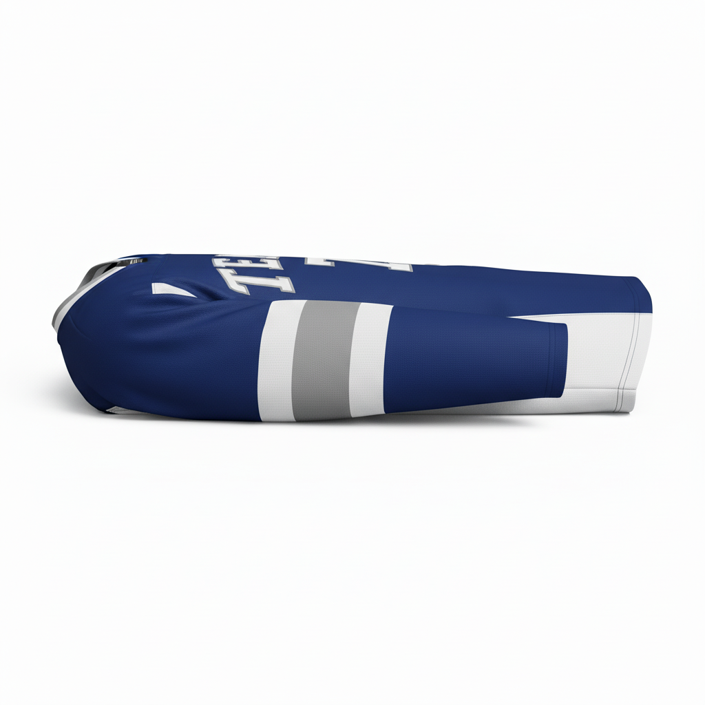 Side view of custom v-neck hockey jersey showing the V collar and drop-tail hem