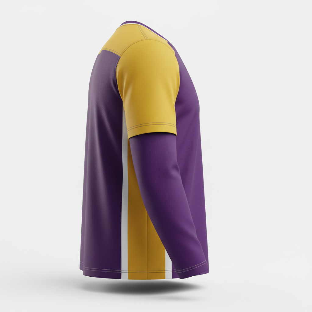 Side view of custom long-sleeve hockey performance shirt showing the regular fit and cuff