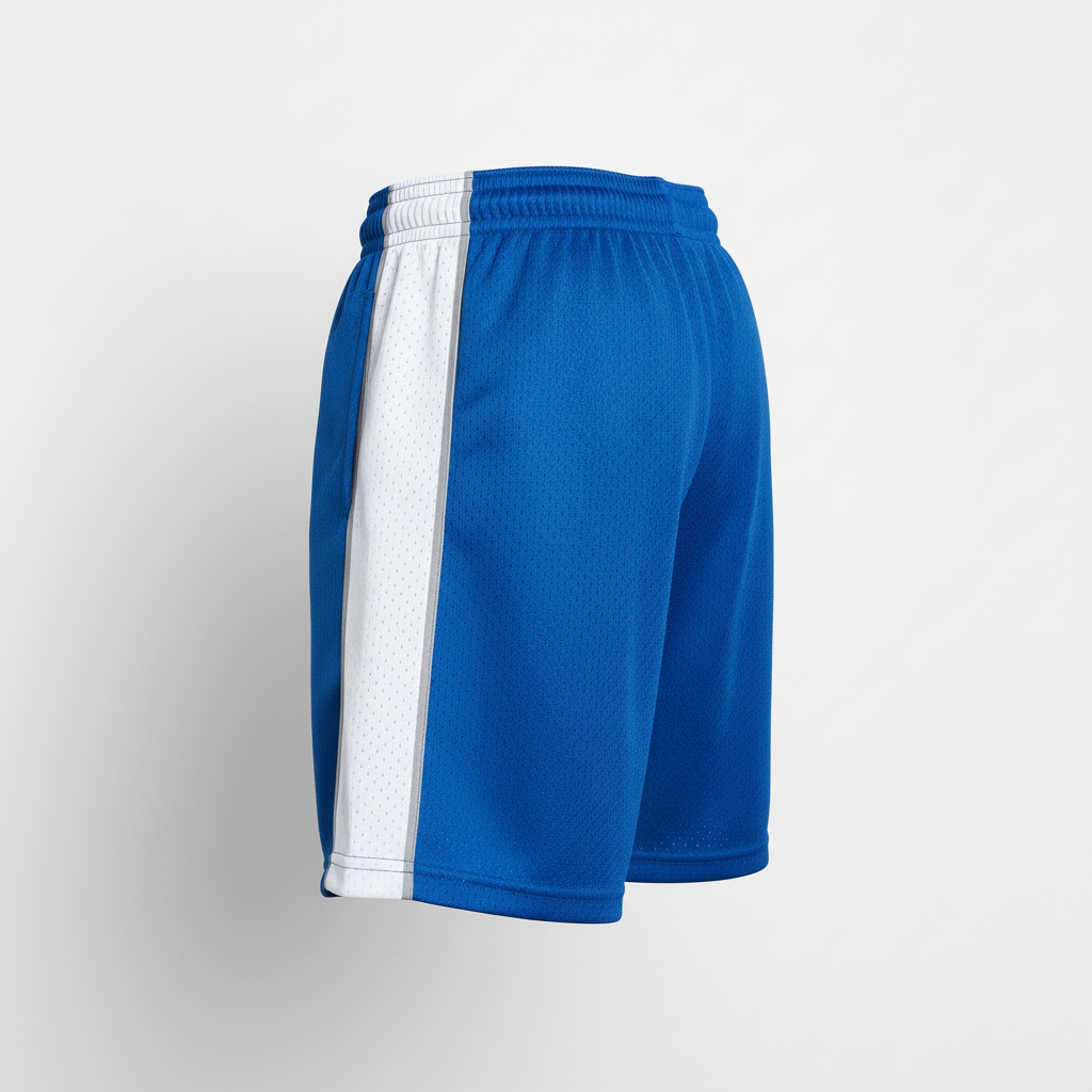 Side view of custom hockey mesh shorts showing the open mesh and side panel