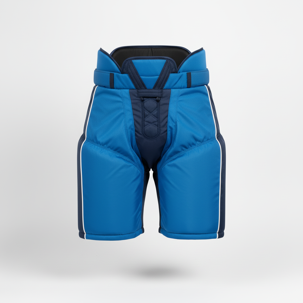 Front view of custom hockey girdle in four-way-stretch poly-spandex with integrated hip and thigh pads from Empire Five Athletics