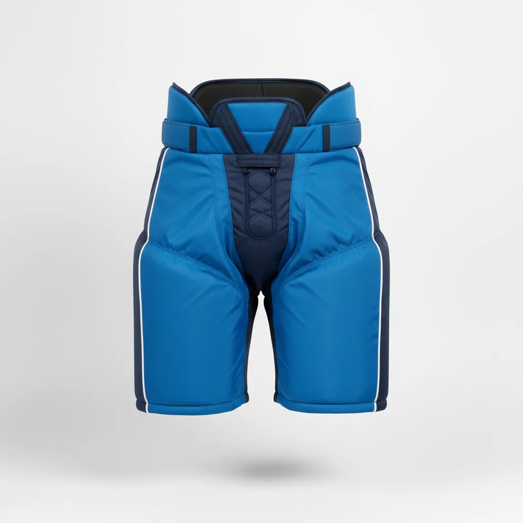 Front view of custom hockey girdle in four-way-stretch poly-spandex with integrated hip and thigh pads from Empire Five Athletics