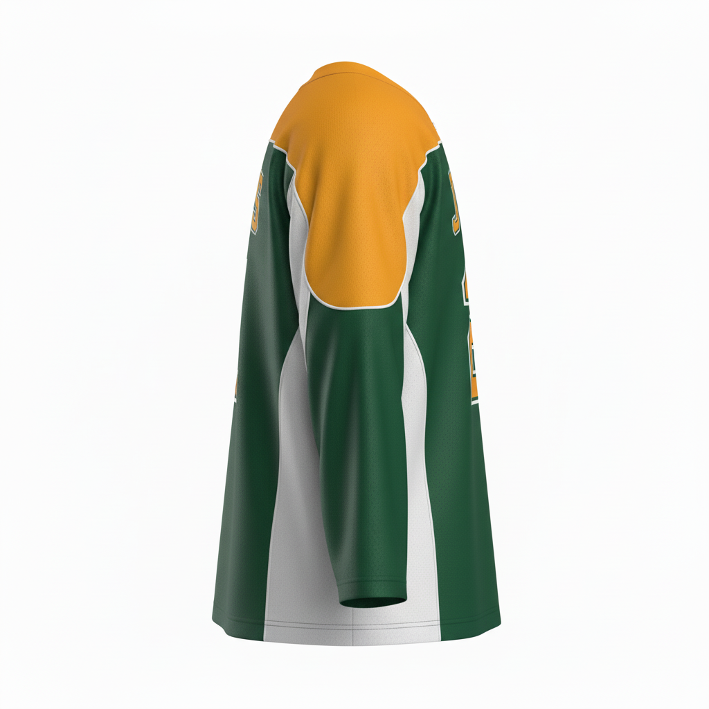 Side view of custom hockey practice jersey showing the reinforced seam and drop-tail hem