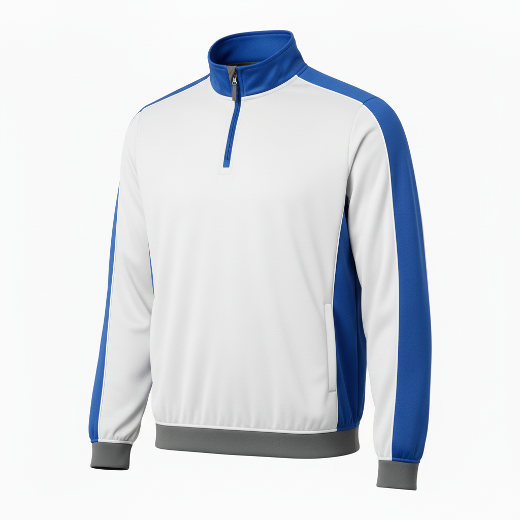 Front view of custom hockey quarter-zip pullover in 220 GSM performance poly with a stand collar and sublimated team colors from Empire Five Athletics