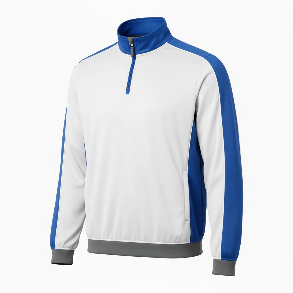 Front view of custom hockey quarter-zip pullover in 220 GSM performance poly with a stand collar and sublimated team colors from Empire Five Athletics