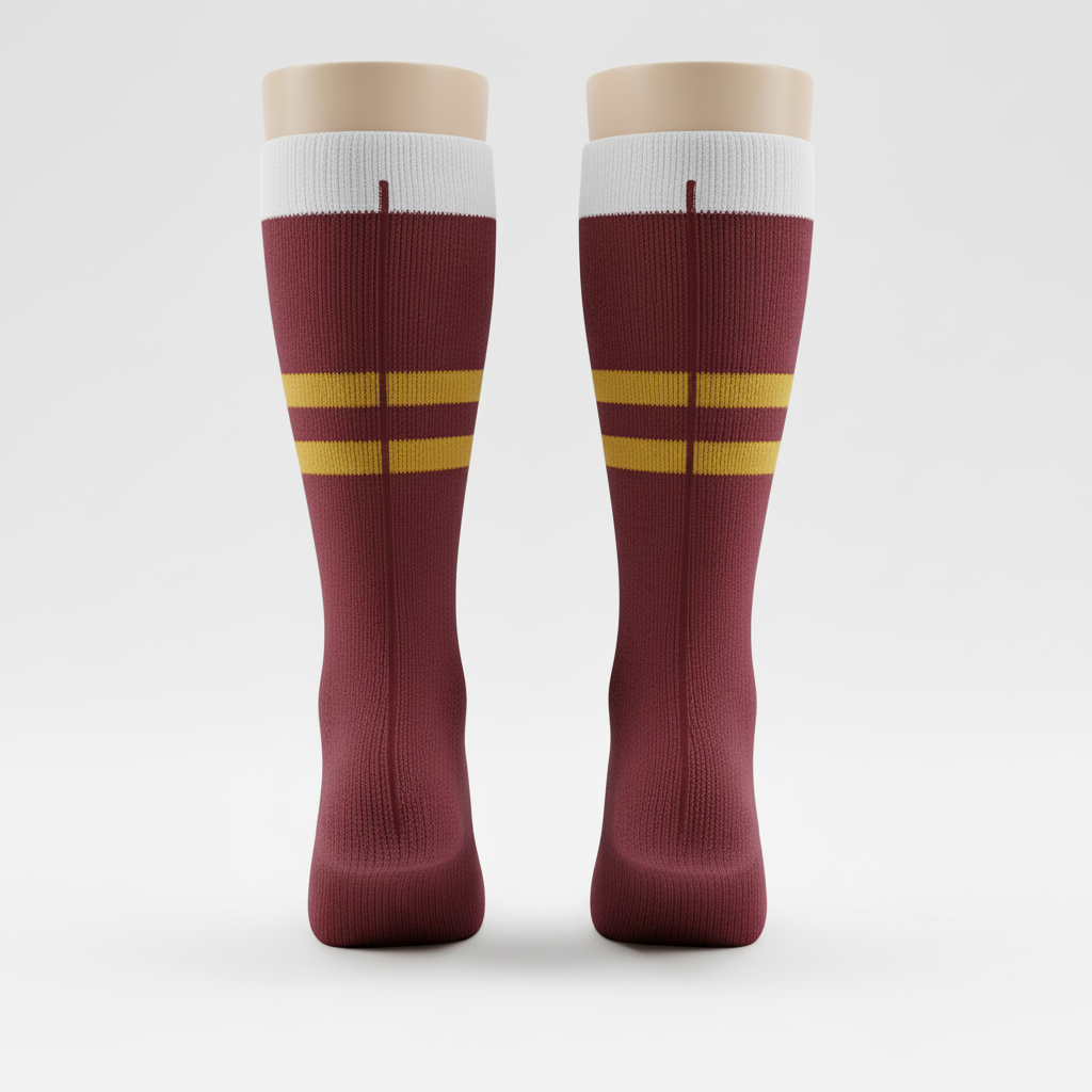 Back view of custom knit hockey socks showing the knit-in number and ribbed cuff