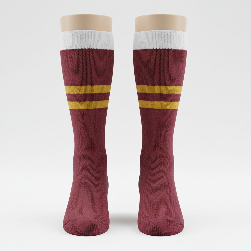 Front view of custom knit hockey socks, tall traditional knit socks with woven-in team stripes from Empire Five Athletics