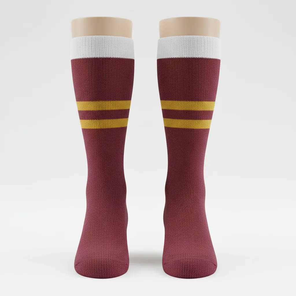 Front view of custom knit hockey socks, tall traditional knit socks with woven-in team stripes from Empire Five Athletics
