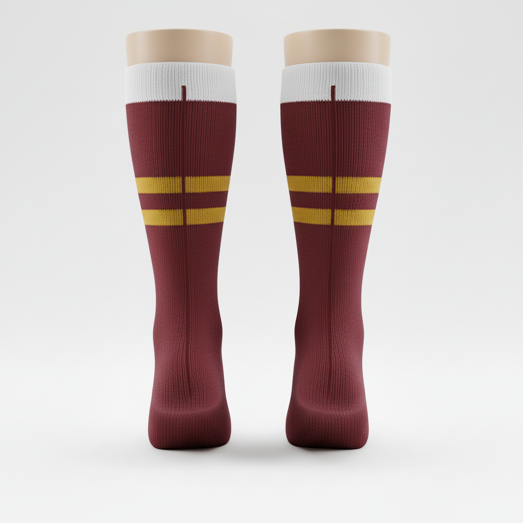 Side view of custom knit hockey socks showing the over-the-shin-guard length