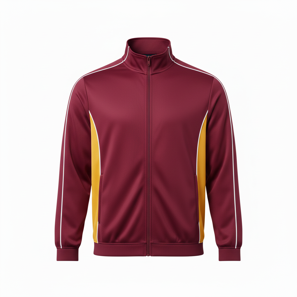 Front view of custom hockey track jacket in 220 GSM smooth performance poly with a full zip and edge-to-edge sublimated team colors from Empire Five Athletics