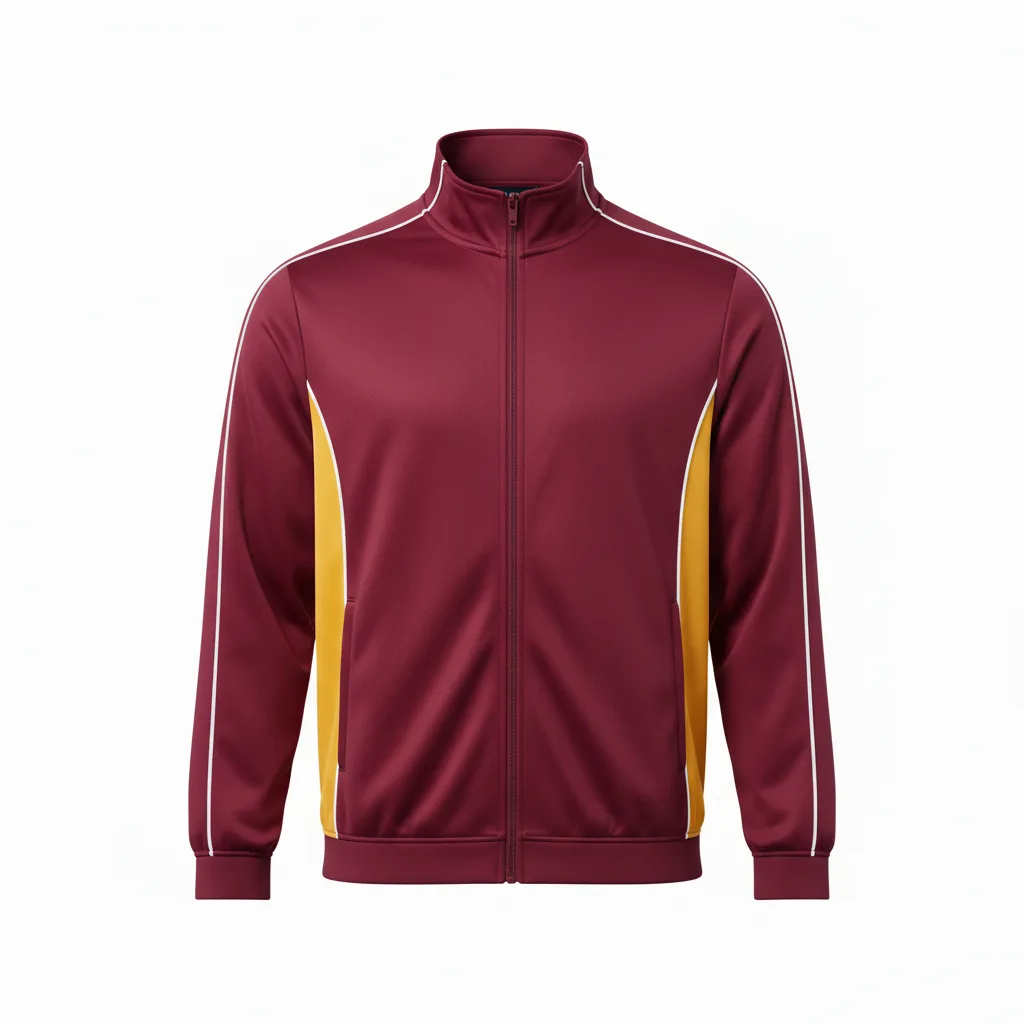 Front view of custom hockey track jacket in 220 GSM smooth performance poly with a full zip and edge-to-edge sublimated team colors from Empire Five Athletics