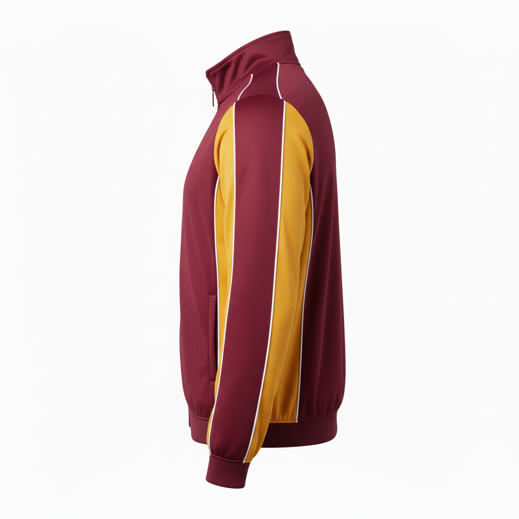 Side view of custom hockey track jacket showing the slim fit and zip pocket