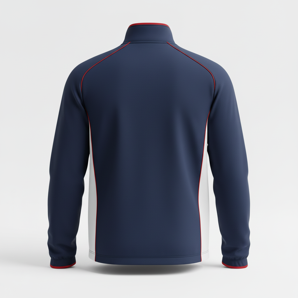 Back view of custom hockey warm-up jacket showing the sublimated team name