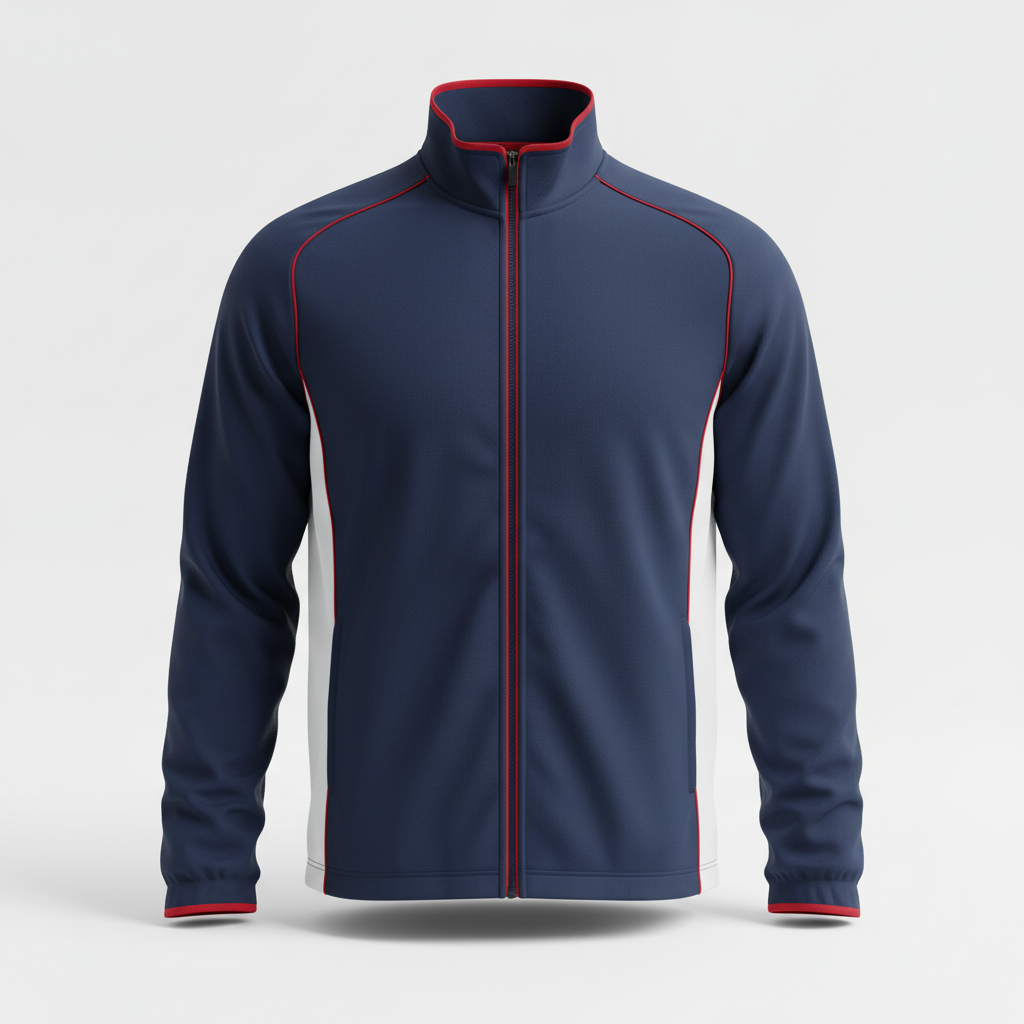 Front view of custom hockey warm-up jacket in 180 GSM brushed tricot with a roomy full zip and sublimated panels from Empire Five Athletics