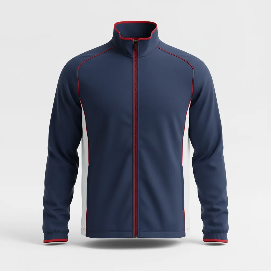 Front view of custom hockey warm-up jacket in 180 GSM brushed tricot with a roomy full zip and sublimated panels from Empire Five Athletics