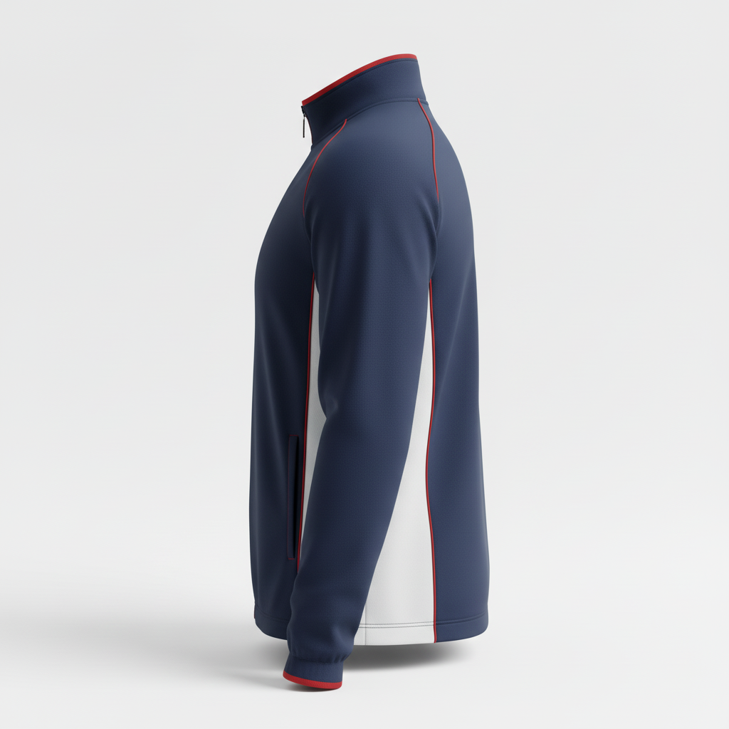 Side view of custom hockey warm-up jacket showing the zip pocket and drawcord hem