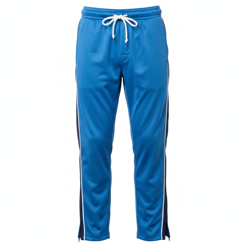 Front view of custom hockey warm-up pants in 180 GSM brushed tricot with a loose pull-on cut and sublimated side panels from Empire Five Athletics