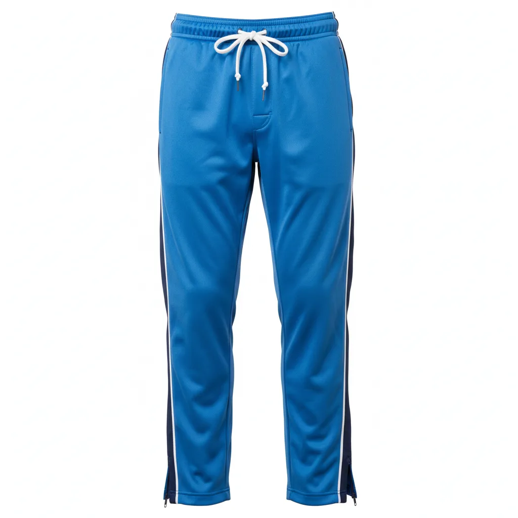 Front view of custom hockey warm-up pants in 180 GSM brushed tricot with a loose pull-on cut and sublimated side panels from Empire Five Athletics