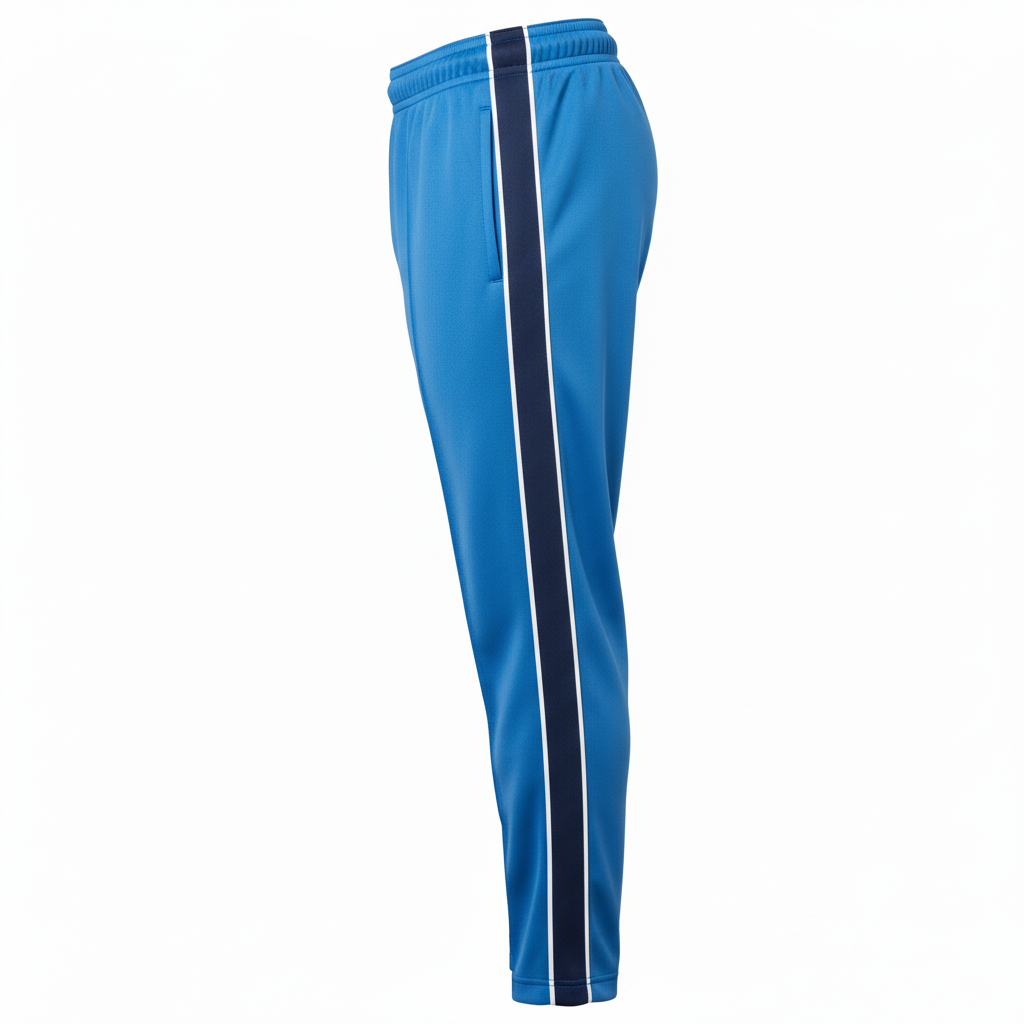 Side view of custom hockey warm-up pants showing the ankle zip and leg stripe