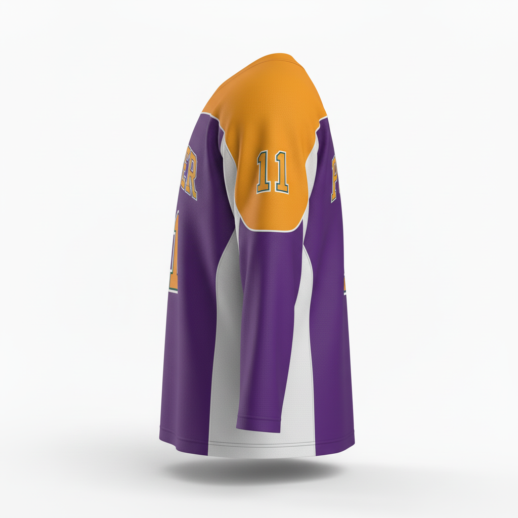 Side view of custom reversible hockey practice jersey showing the two-layer build and drop-tail hem