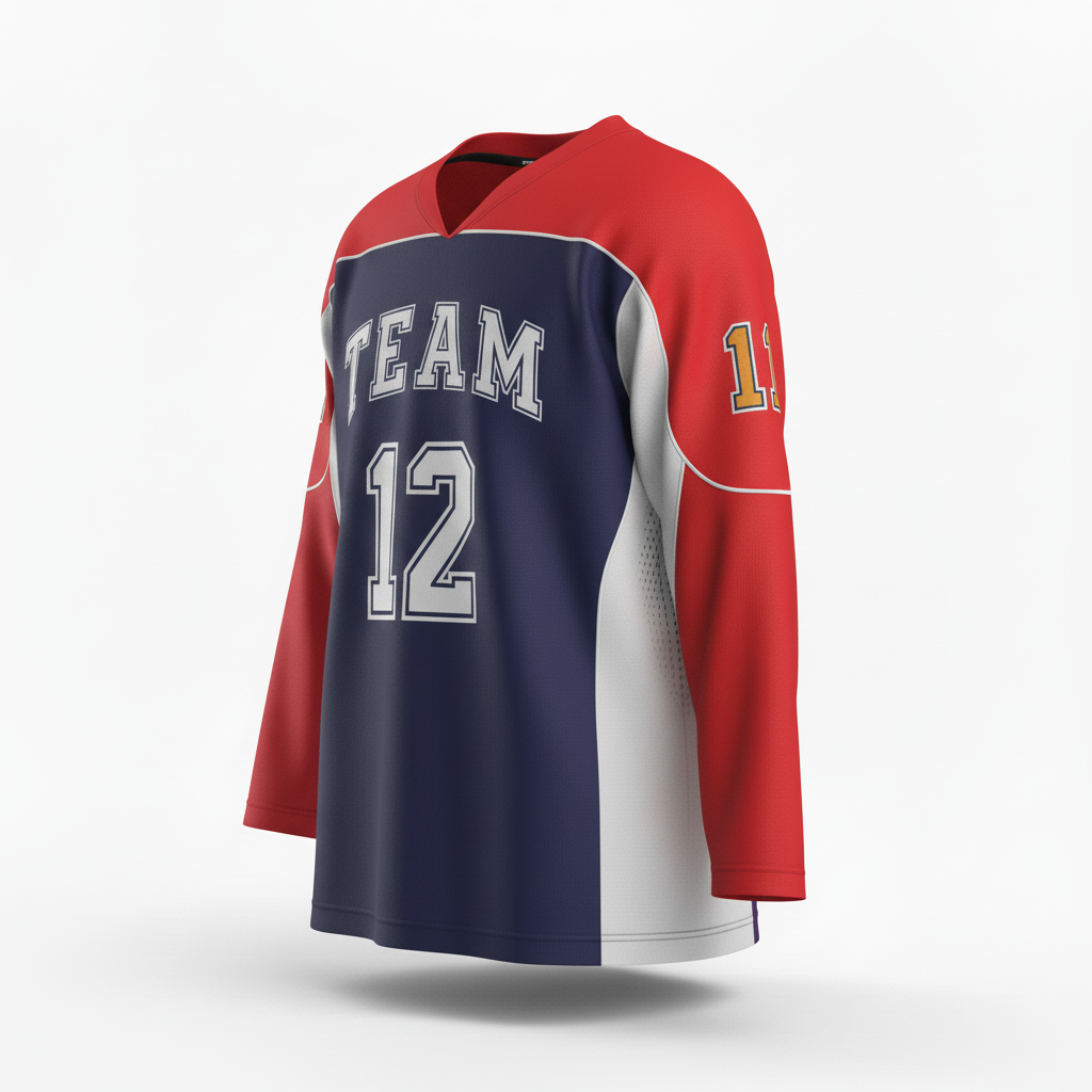 Back view of custom sublimated hockey jersey showing the sublimated nameplate and number