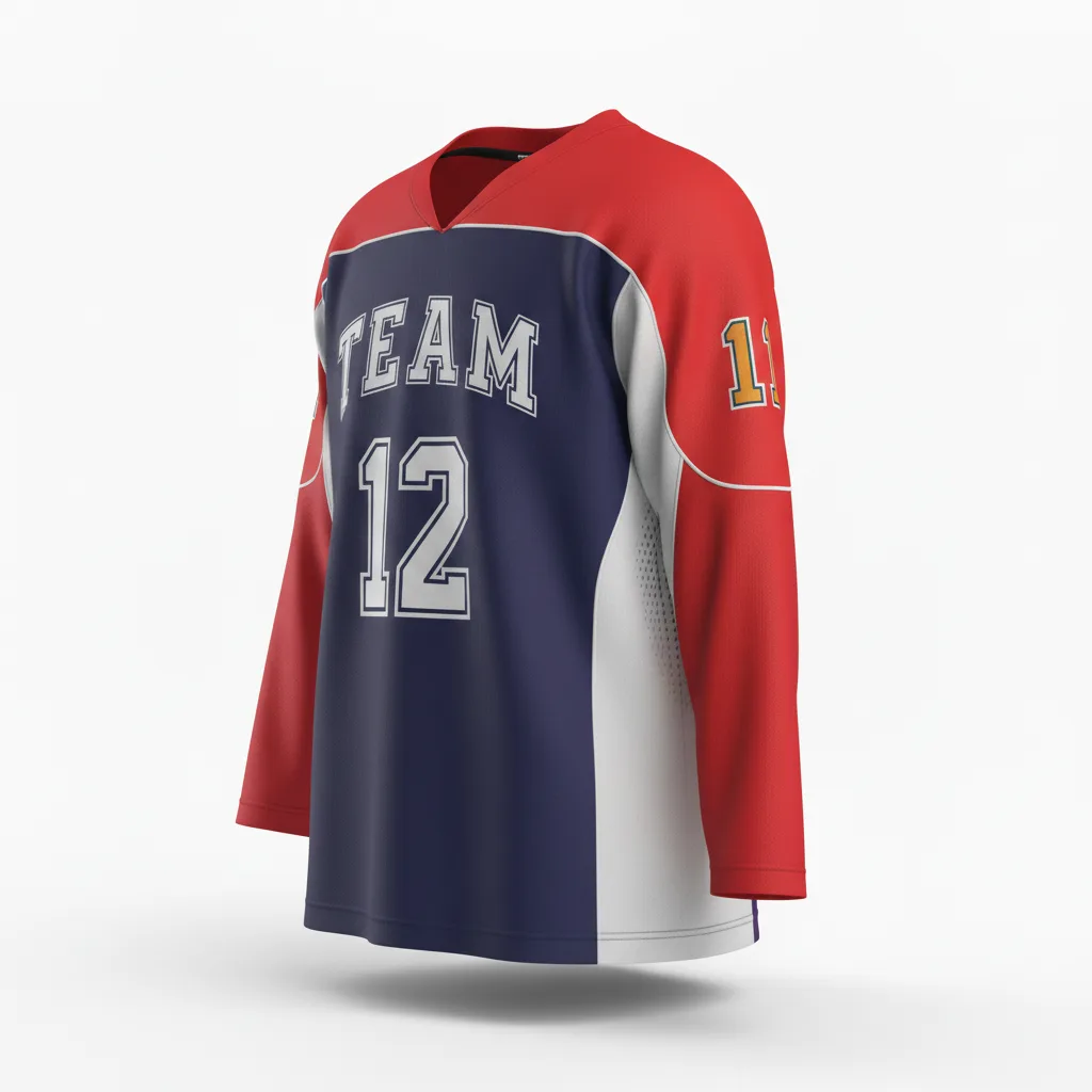 Front view of custom sublimated hockey jersey in full-color edge-to-edge print on 200 GSM hockey knit from Empire Five Athletics