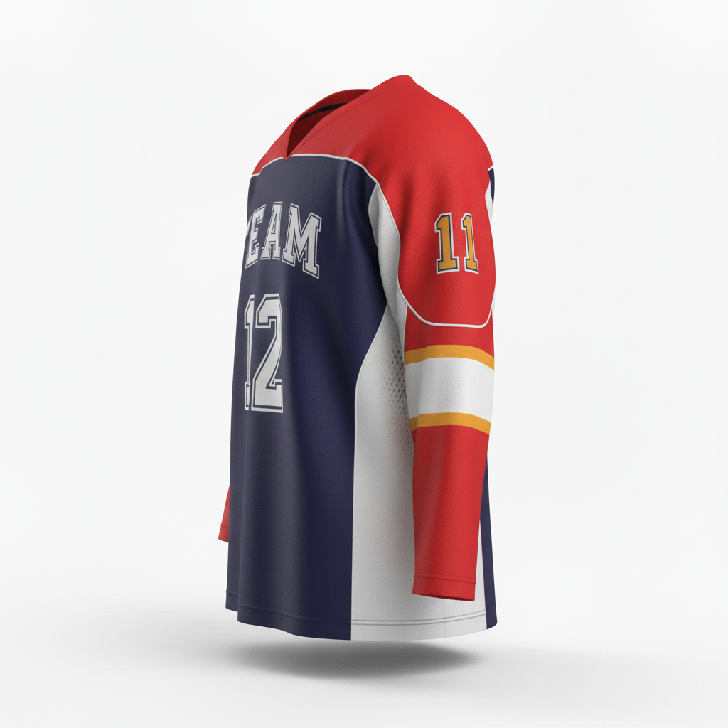 Side view of custom sublimated hockey jersey showing the all-over print and drop-tail hem