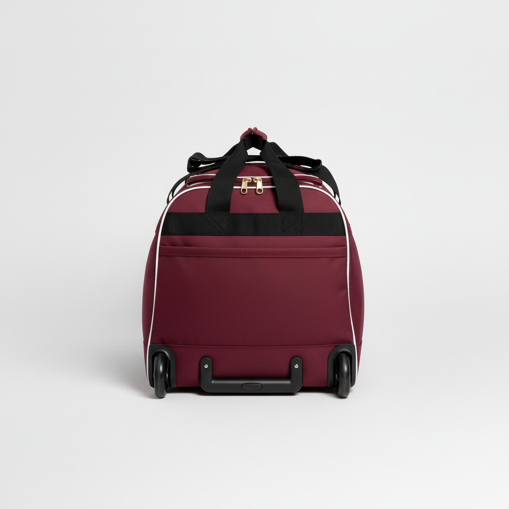 Back view of custom wheeled hockey bag showing the telescoping tow handle and player name