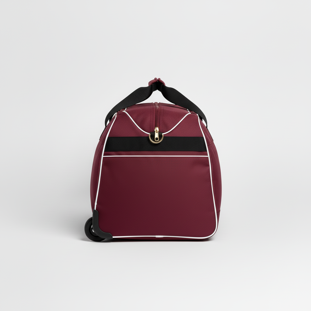 Side view of custom wheeled hockey bag showing the inline wheels and reinforced base