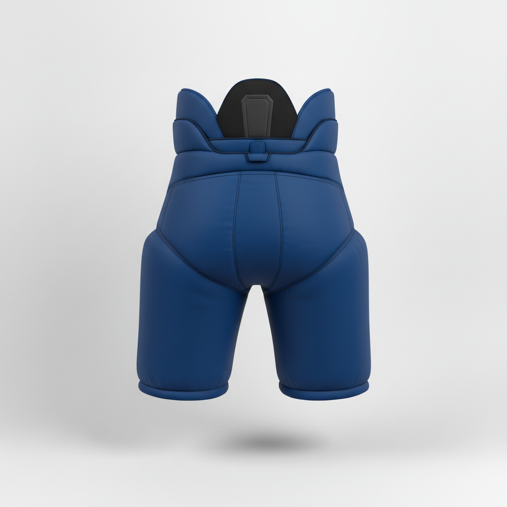 Back view of custom youth hockey pants showing the tailbone pad and waistband