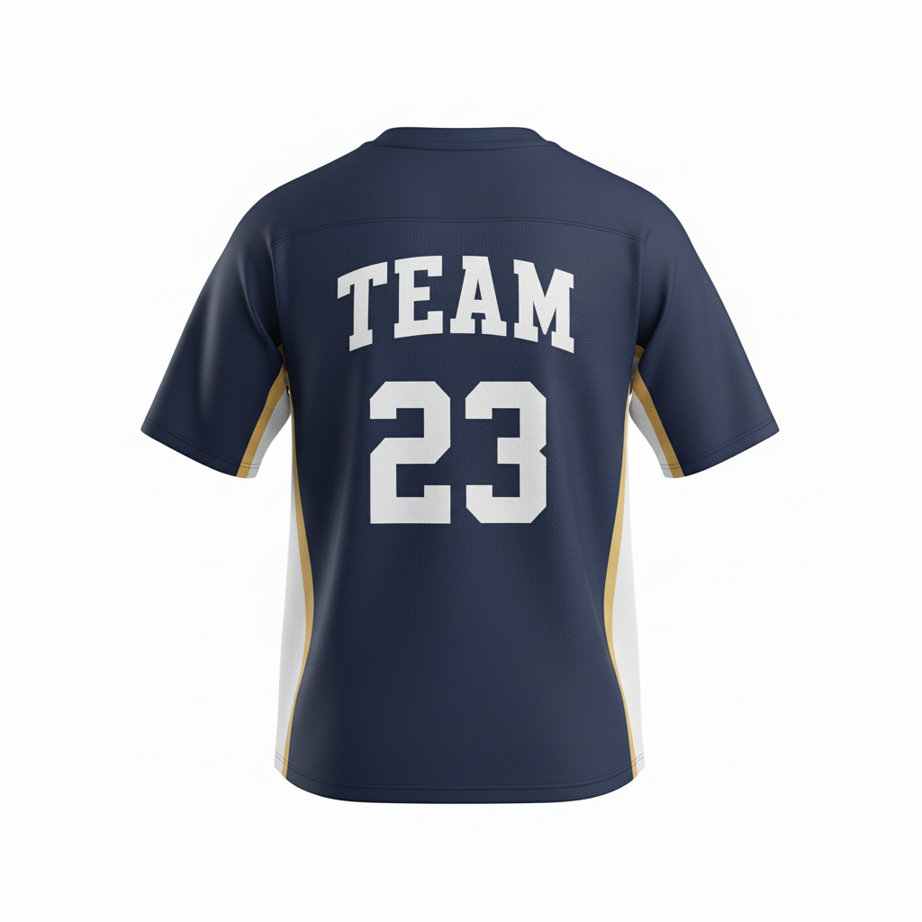 Back view of custom crew-neck lacrosse jersey showing the player name arched above a large back number